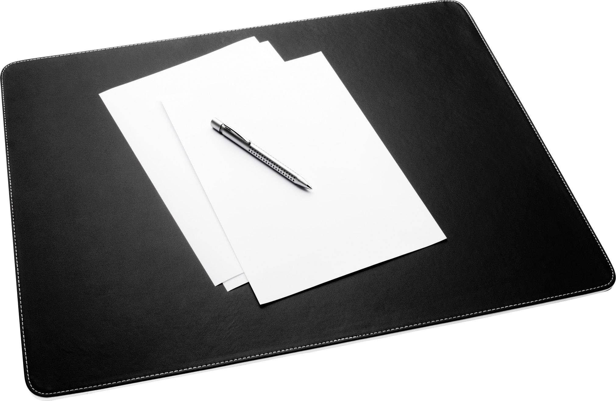 Sous-main noir avec une pile de papier blanc et un stylo à bille noir posé dessus.