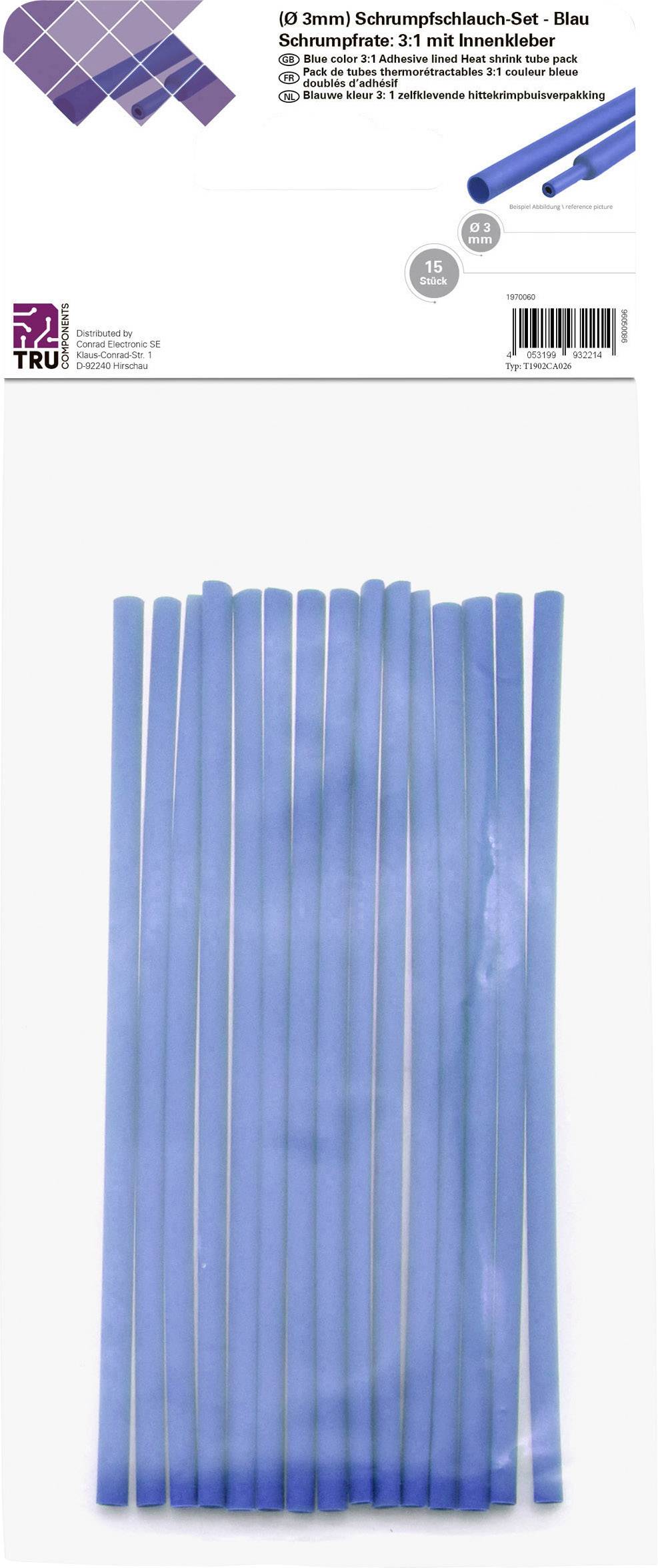 Set de gaines thermorétractables bleues, 31 pièces, diamètre de 3 mm, avec colle intérieure, présenté dans un emballage transparent.