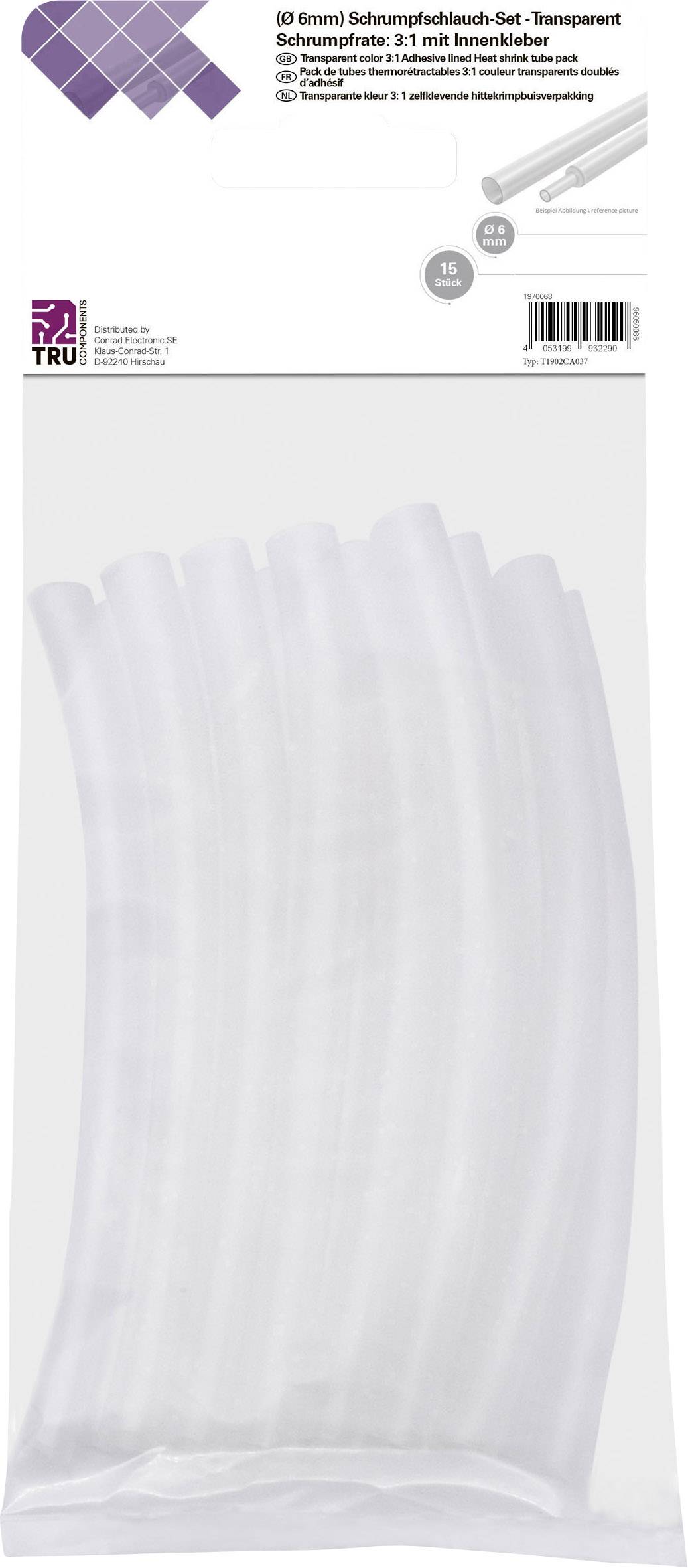 TRU COMPONENTS T1902CA037 Assortiment de gaines thermorétractables transparent 6 mm 2 mm Taux de retreint:3:1 15 pc(s)