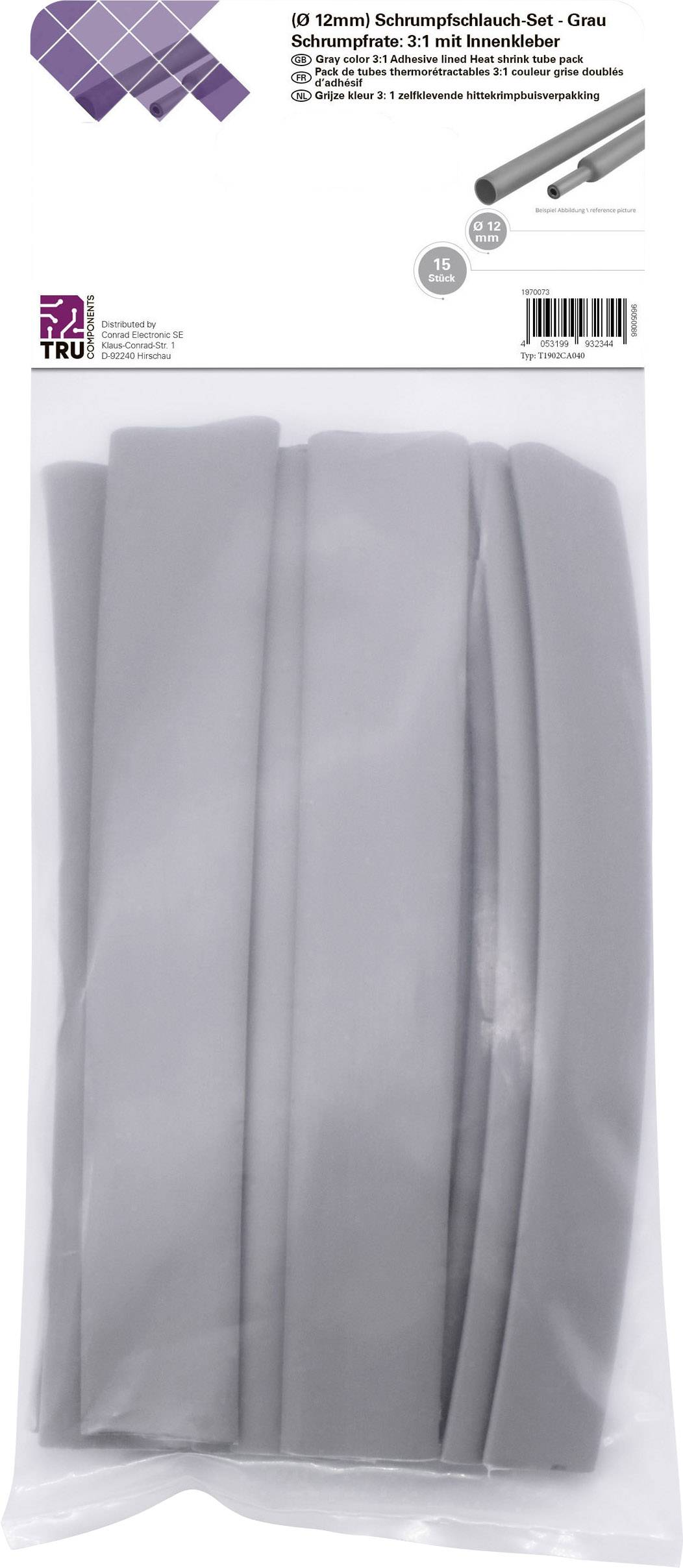 TRU COMPONENTS T1902CA040 Assortiment de gaines thermorétractables gris 12 mm 4 mm Taux de retreint:3:1 15 pc(s)