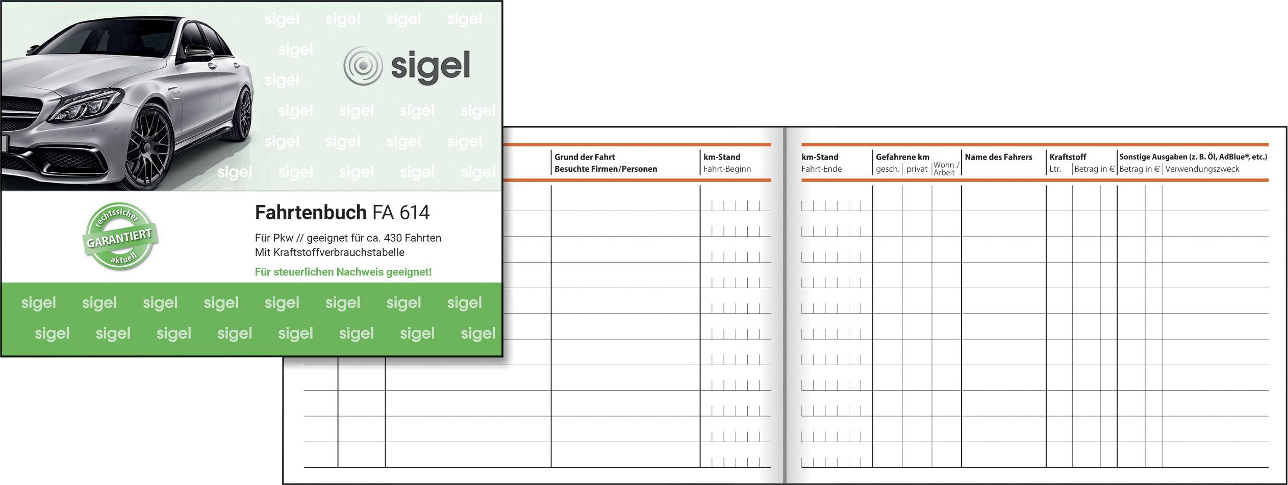 'Carnet de bord FA 614' : Un carnet de bord ouvert est présenté pour des justificatifs fiscaux, adapté aux véhicules à moteur à combustion et diesel.