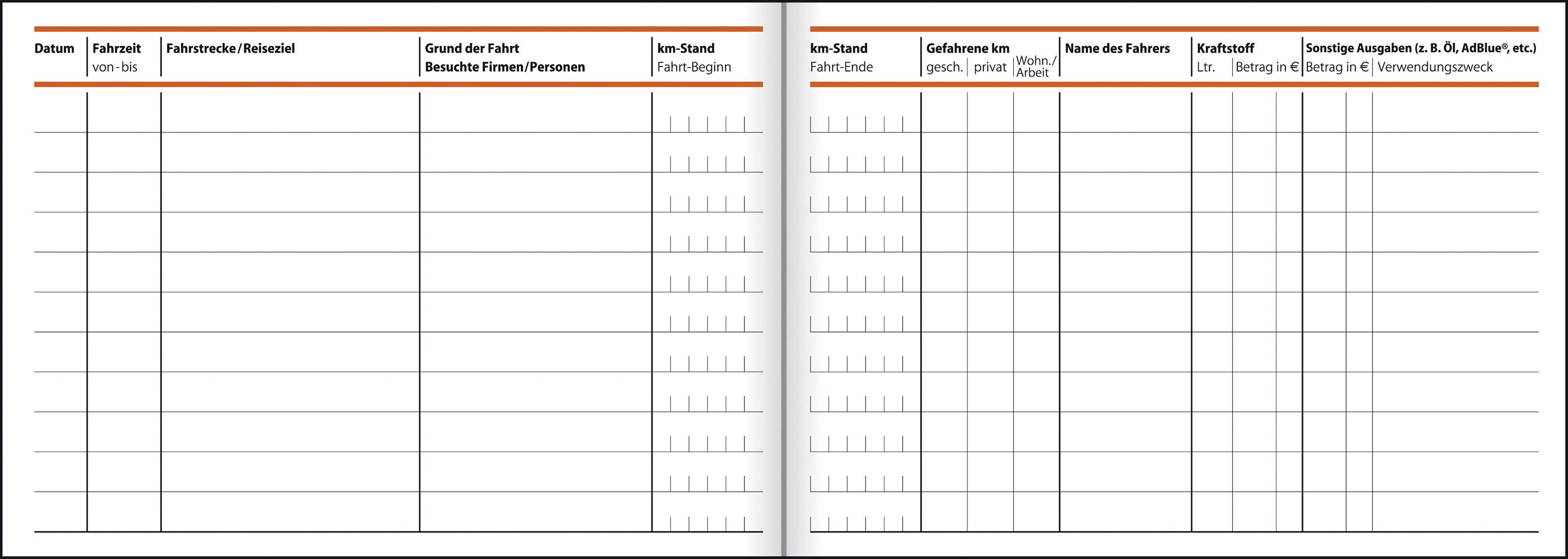 Formulaire de carnet de bord avec des colonnes pour la date, le temps de trajet, l'objet du déplacement, le kilométrage de départ, le kilométrage d'arrivée, les kilomètres parcourus et autres détails.