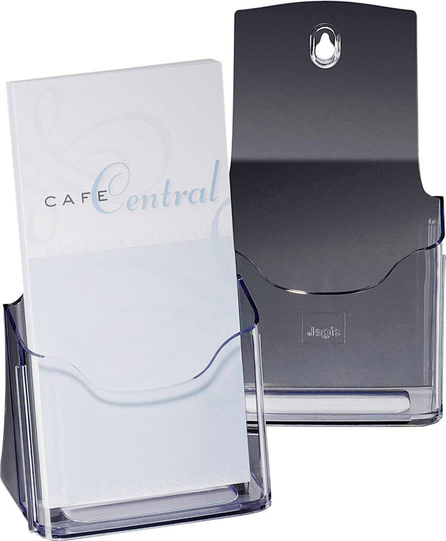 Présentoir en plastique transparent, sur pied et fixé au mur, avec un dépliant 'Cafe Central' dans l'un des supports.