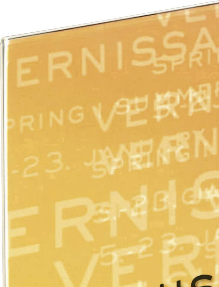 Affiche orange avec texte répétitif en différentes tailles de police : 'VERNISSAGE' et saisons.