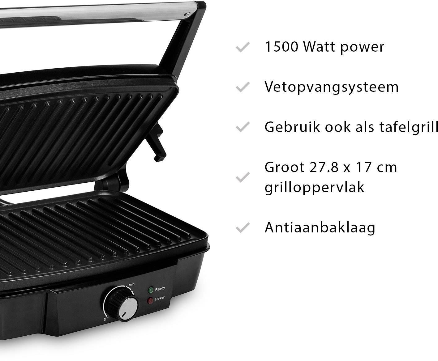 Grill à panini avec surface anti-adhésive. Comprend un panneau de commande avec des voyants de fonctionnement et offre une puissance de 1500 watts.