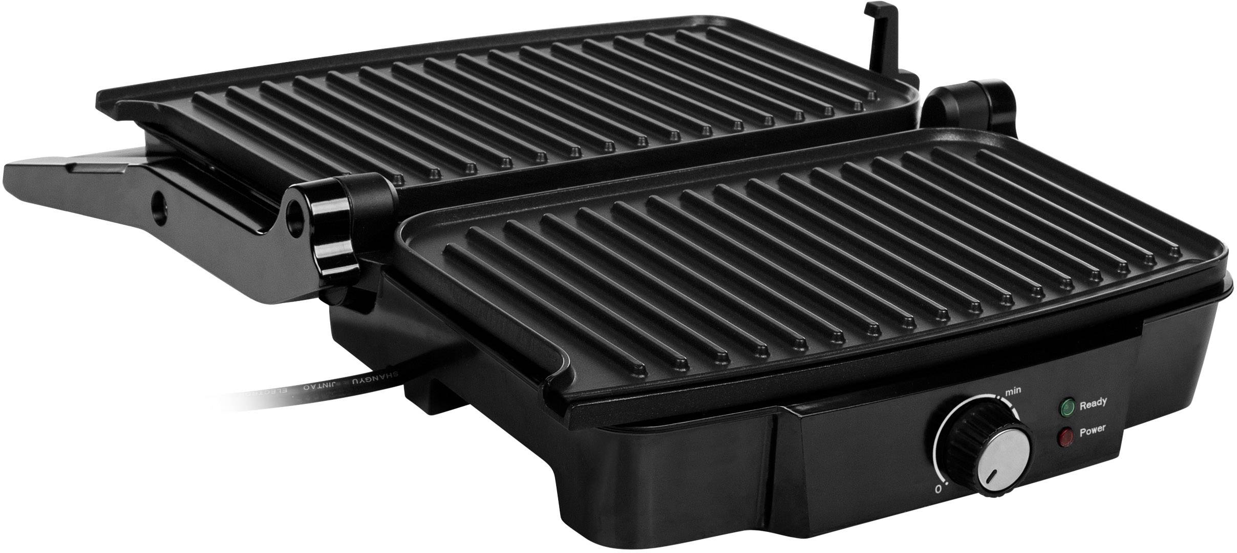 Grill électrique noir avec plaques rainurées, régulateur de température et voyants de fonctionnement. Idéal pour griller des sandwichs et de la viande.