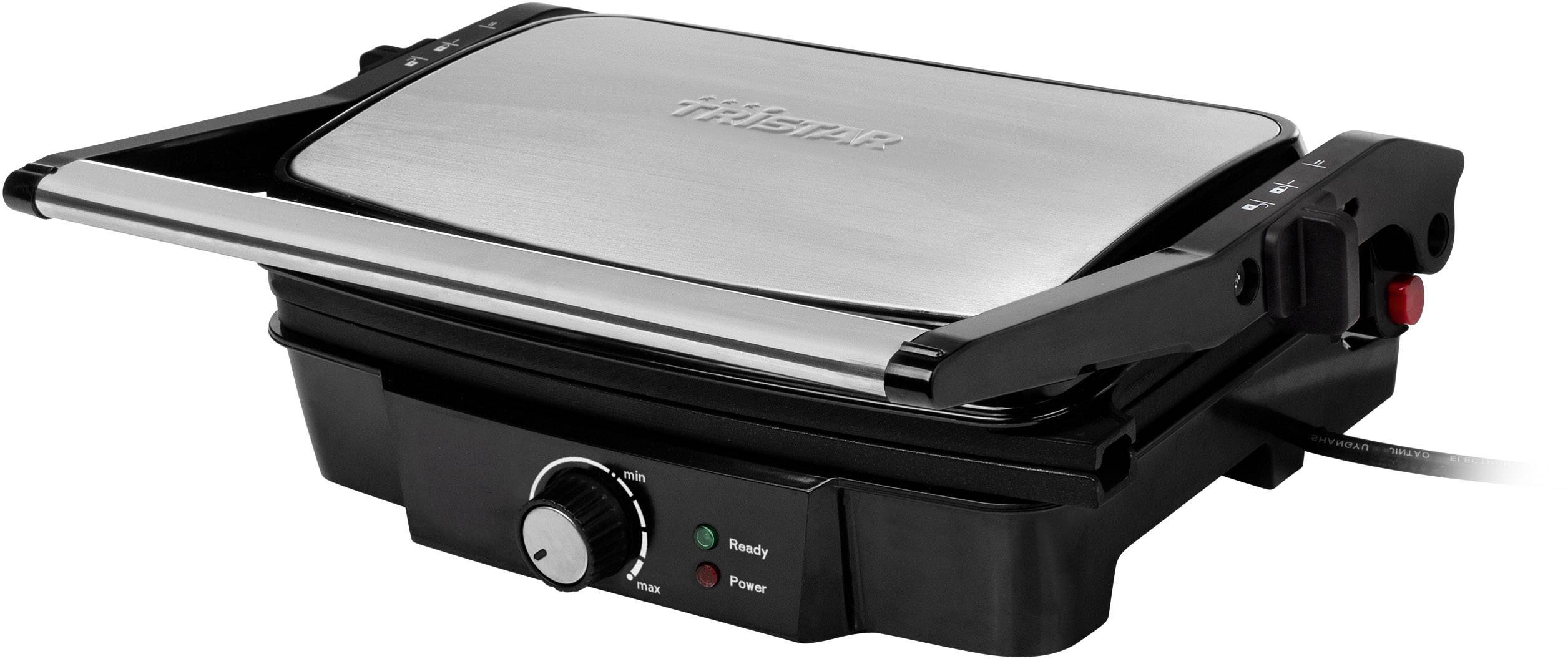 Grill de contact portable en argent avec régulateur de température réglable et voyants de mise en marche et d'alimentation.