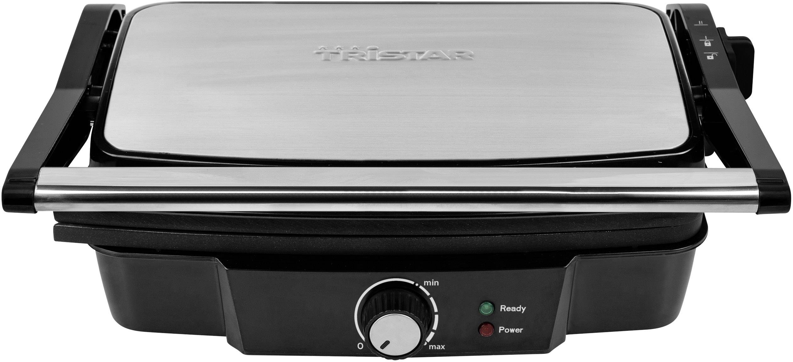 Grill de table électrique avec boîtier en métal, noir. Voyants lumineux indiquant la disponibilité et la température. Bouton de réglage de la température.