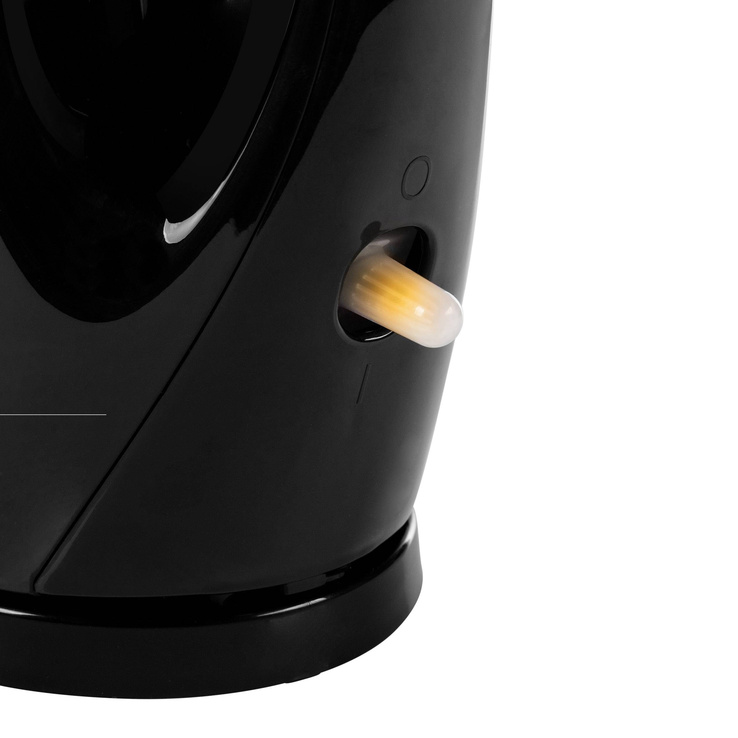 Bouilloire électrique avec boîtier noir et bouton marche-arrêt lumineux orange.