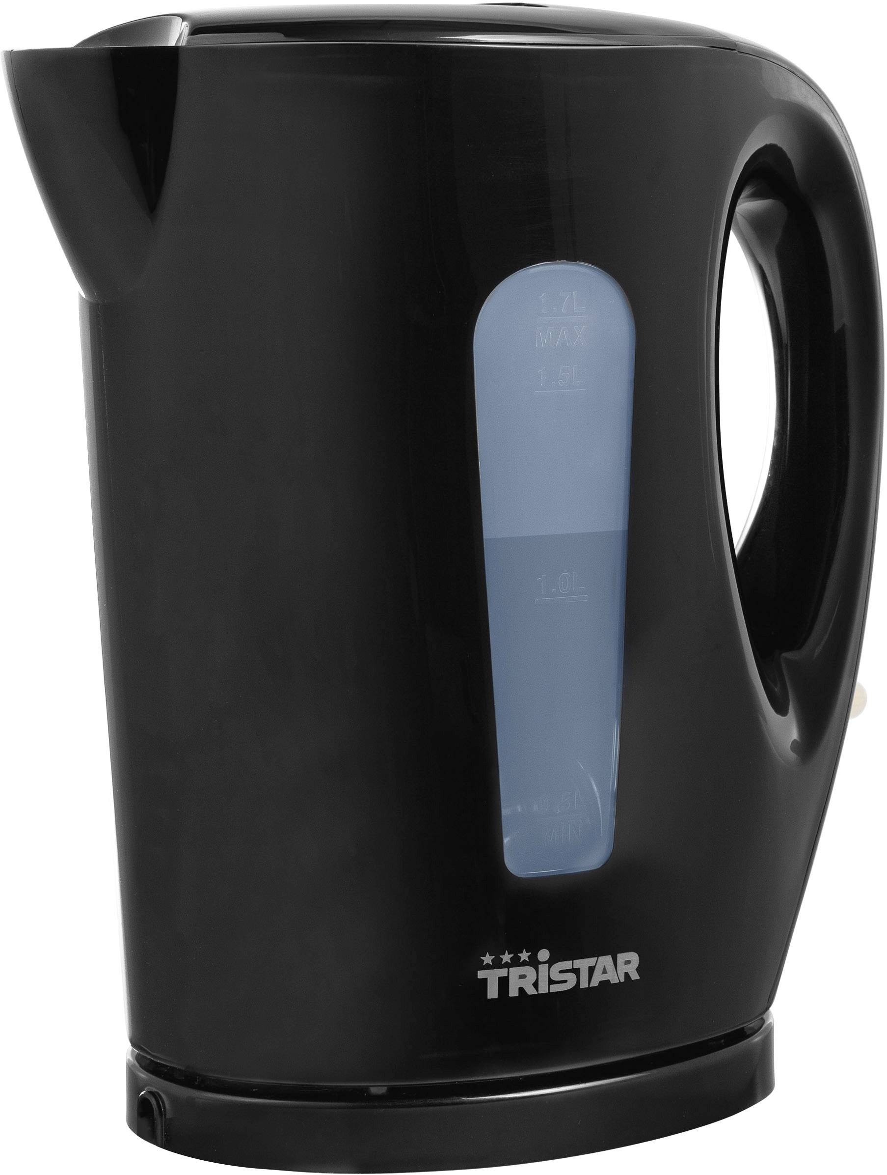 Bouilloire électrique noire avec indicateur de niveau d'eau visible sur le côté, nom de marque 'Tristar' en bas de l'appareil.