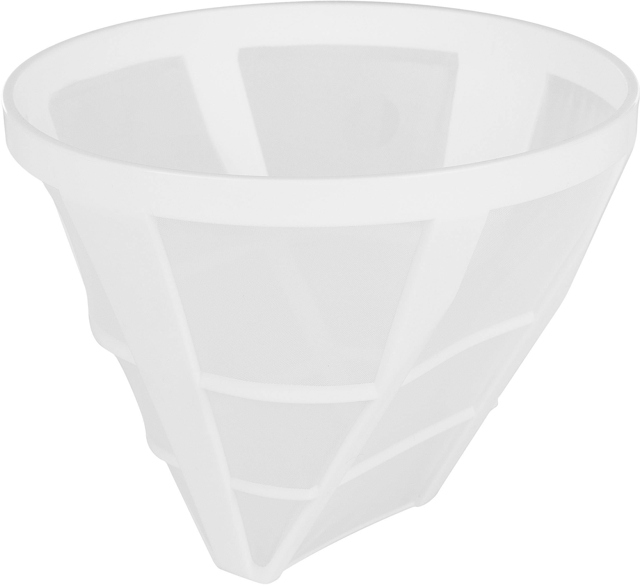 Un entonnoir en plastique blanc et transparent de forme conique, utilisé pour filtrer des liquides.