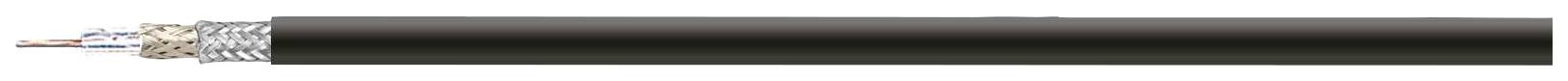 Câble coaxial noir avec un noyau de fil de cuivre, entouré d'un isolant, d'un blindage et d'une gaine en plastique extérieure.