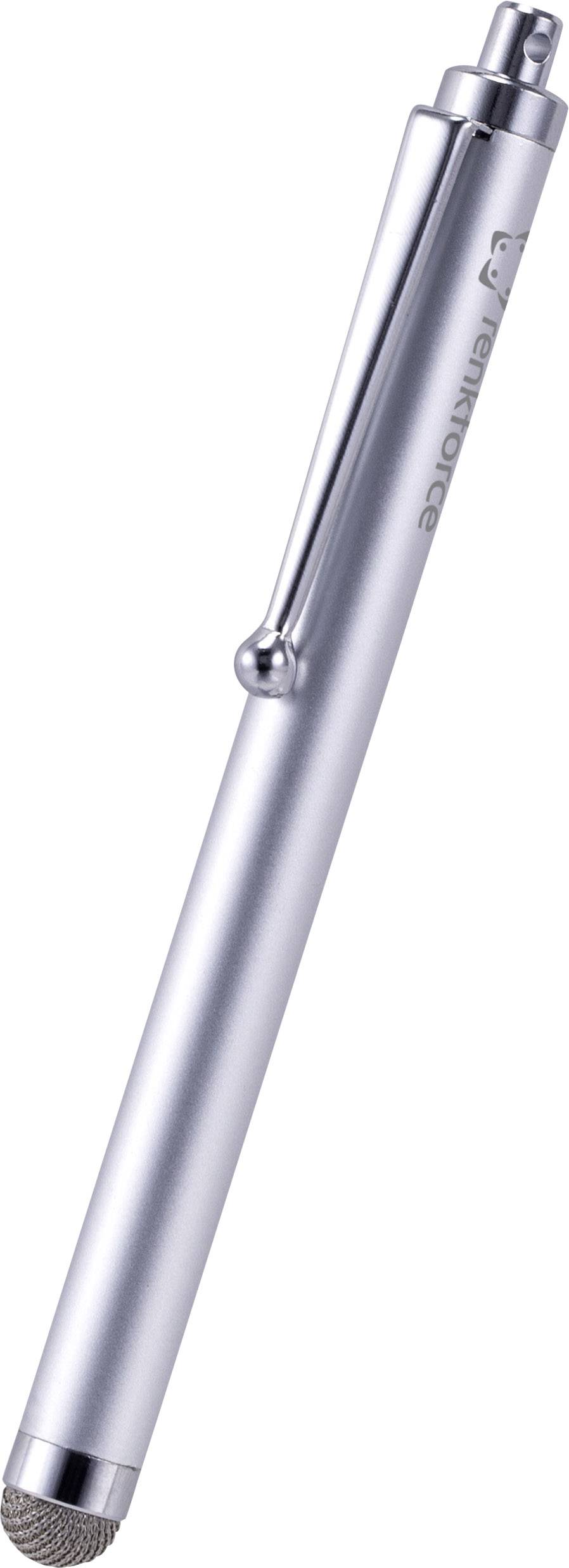 Stylet tactile argenté avec clip sur le côté, adapté aux tablettes et smartphones.