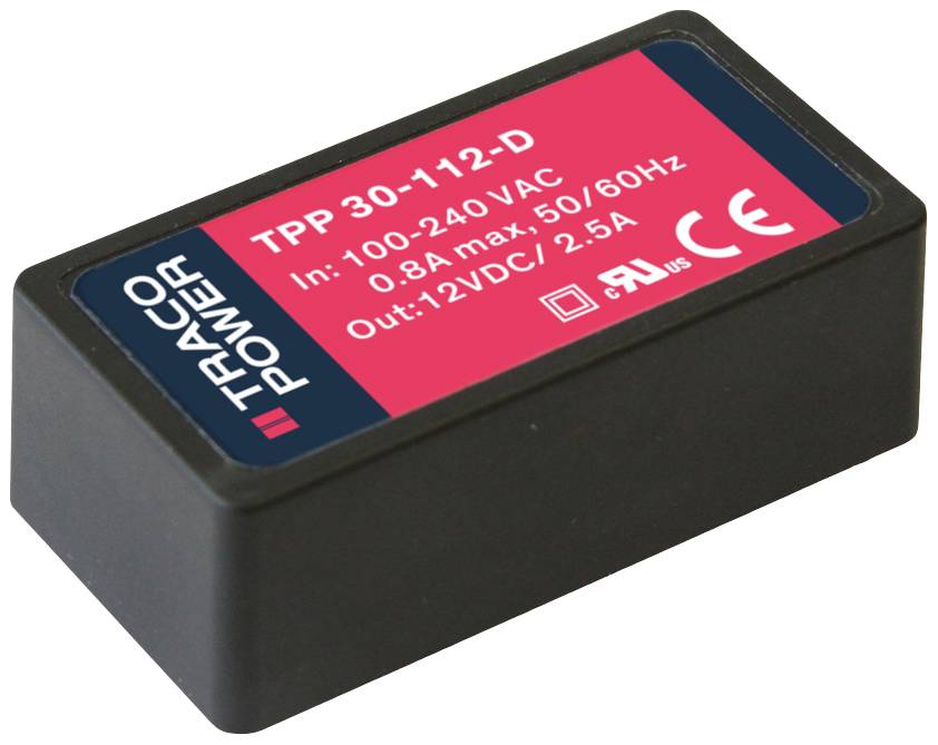 Un module d'alimentation rectangulaire noir avec une étiquette rouge. Étiquette : « TRACO Power TPP 30-112-D ». Spécifications : « 100-240VAC, 0,8A max, 50/60Hz, Sortie : 12VDC/2,5A ». Marquage CE.