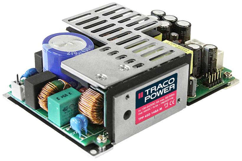 Module d'alimentation de TRACO Power à structure ouverte, avec bobines, condensateurs et dissipateurs thermiques visibles, destiné aux applications industrielles.