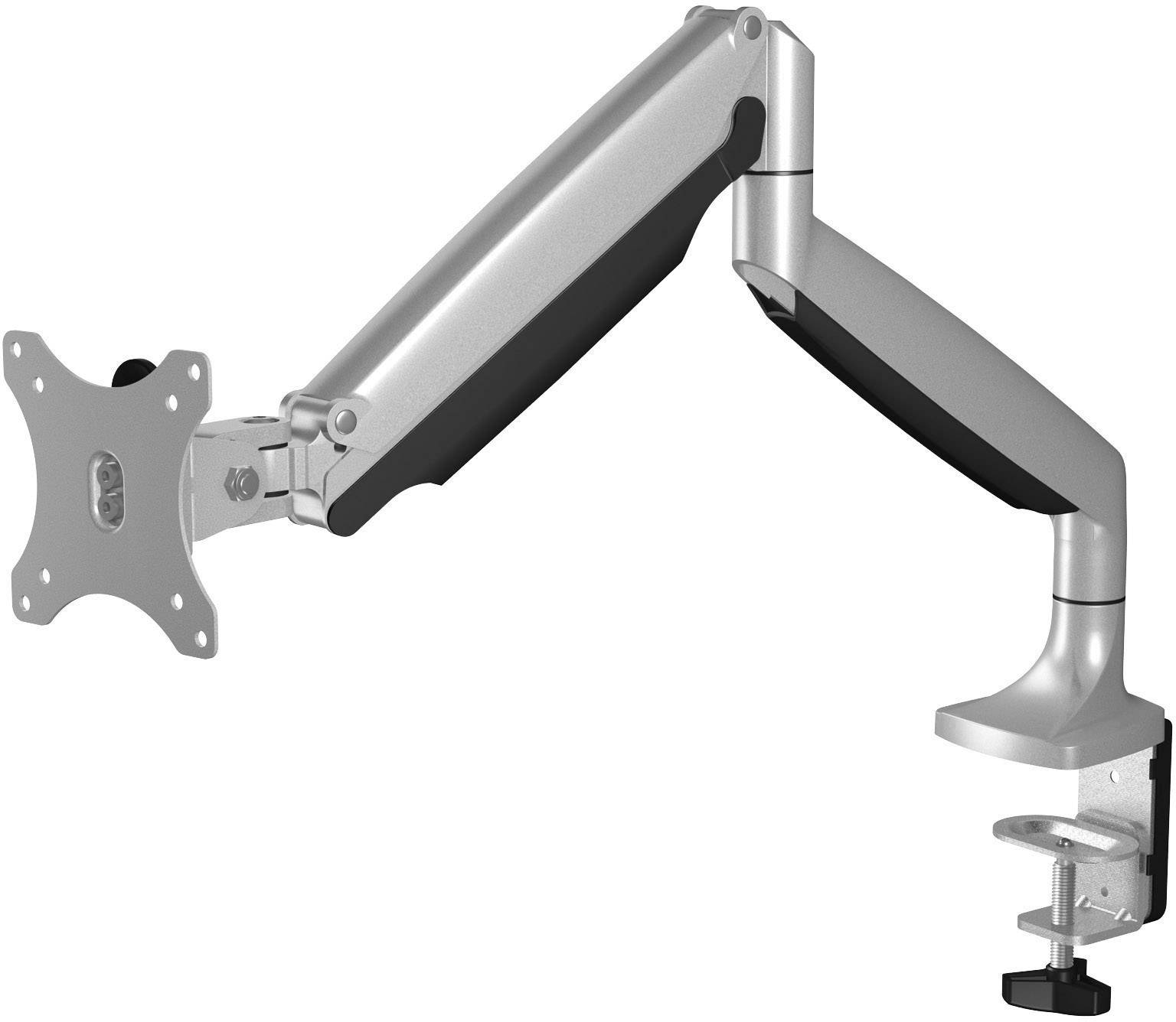 Un bras de moniteur argenté avec un articulation fixée à une table. Il permet de positionner un écran de manière flexible.