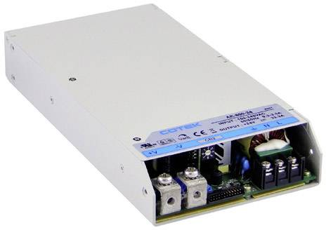 Un boîtier métallique rectangulaire avec des connexions bleues et noires pour l'alimentation électrique, portant l'inscription 'Cotek' et ses spécifications.