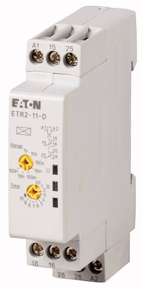 Un module de relais électrique Eaton, modèle ETR2-11-D, avec des boutons de réglage pour la plage de temps et des connexions techniques en haut et en bas.