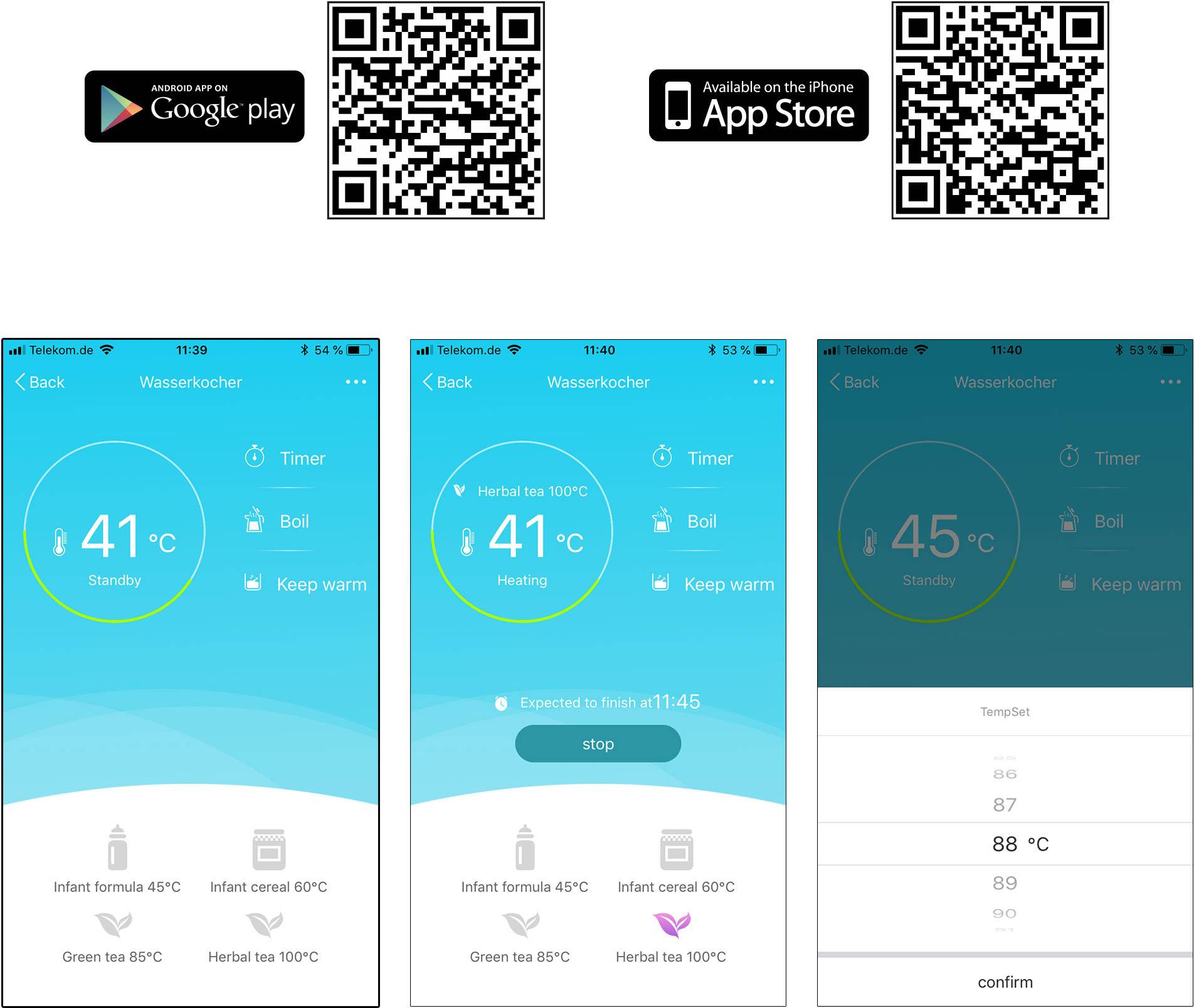 Das Bild zeigt drei Smartphone-Bildschirme einer App zur Temperaturregelung. Links und Mitte haben Zieltemperatur 41°C, rechts 45°C. Oben sind QR-Codes und App-Icons für Google Play und App Store.