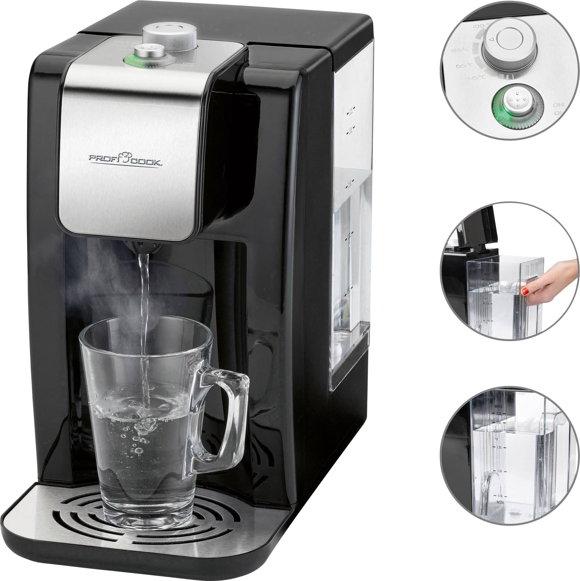 Profi Cook PC-HWS 1168 Distributeur de boissons chaudes inox, noir Contenance: 2.2 l