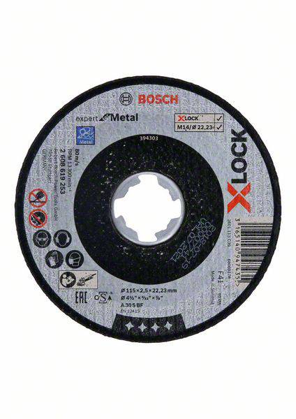 Disque à tronçonner Bosch X-LOCK, adapté pour le métal, diamètre 115 mm, épaisseur 2,5 mm et alésage de 22,23 mm.
