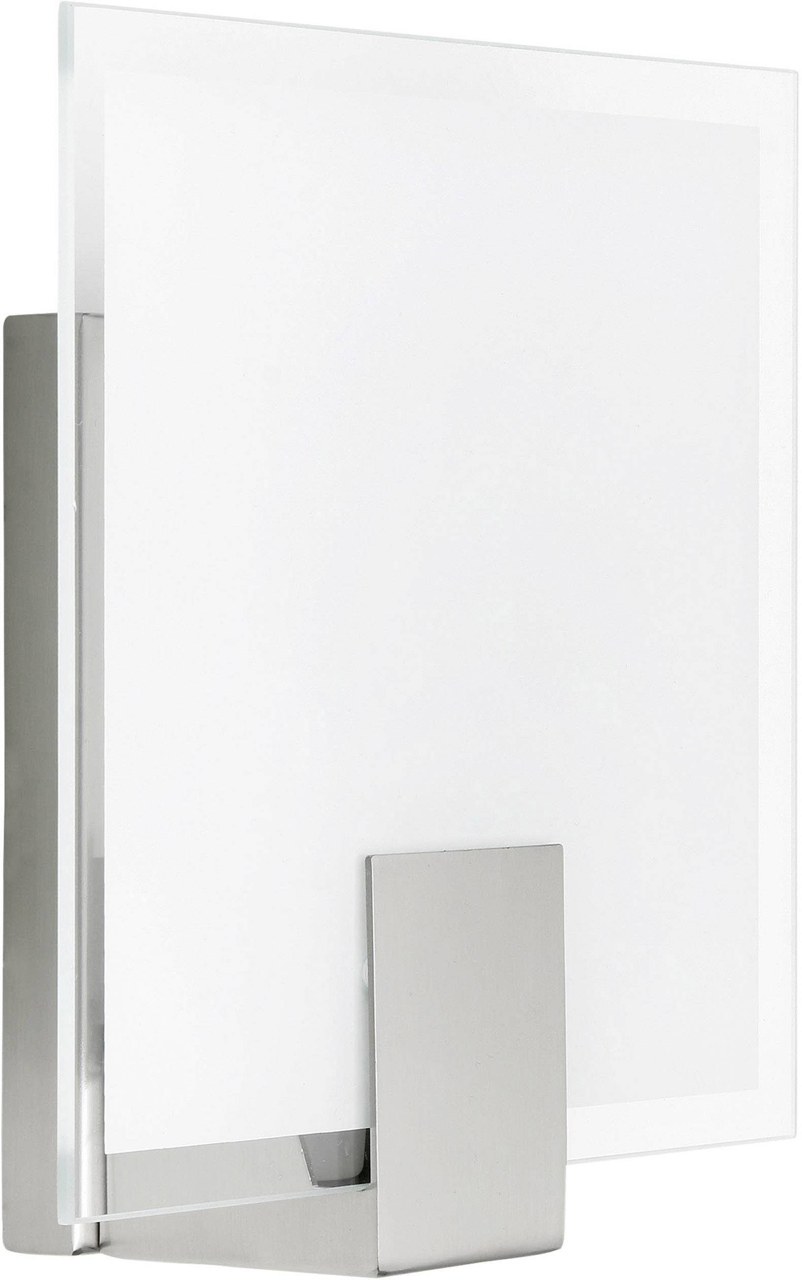 Lampe murale moderne avec boîtier rectangulaire en argent mat et abat-jour en verre transparent. Idéale pour un éclairage intérieur contemporain.