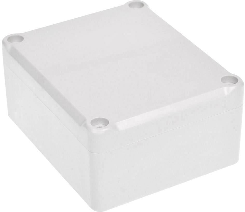 Boîte en plastique blanche, rectangulaire, aux angles arrondis, avec quatre trous de vis sur le dessus.