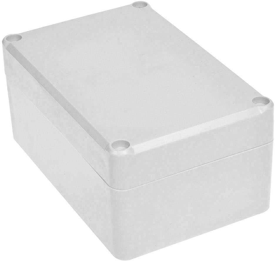 Boîtier rectangulaire blanc en plastique avec des coins arrondis et des trous de vis visibles aux coins du dessus.