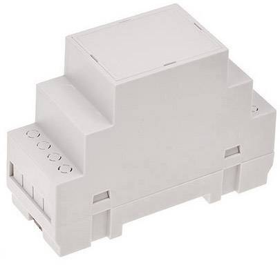 Un boîtier en plastique blanc pour rail DIN avec des ouvertures sur les côtés, adapté pour le montage de composants électroniques.