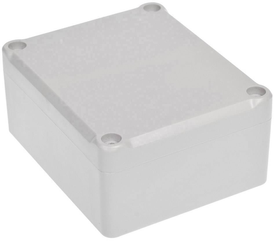 Boîtier rectangulaire en plastique gris avec des coins arrondis et quatre trous de vis aux angles, adapté pour les projets électroniques.