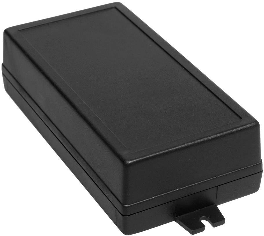 Boîtier rectangulaire noir en plastique avec couvercle amovible et passage de câbles, adapté aux ensembles électroniques.