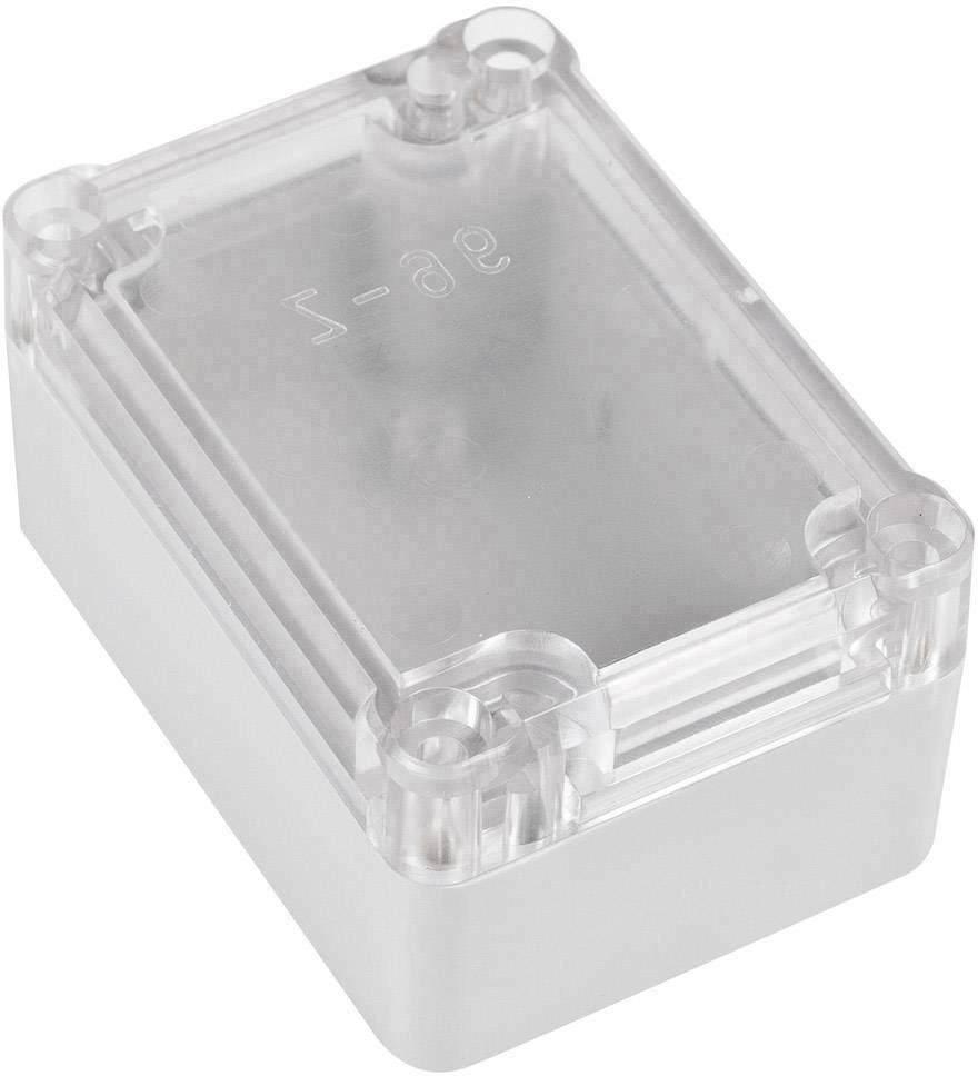 Récipient rectangulaire en plastique transparent avec quatre trous de vis aux coins ; probablement un boîtier pour composants électroniques.