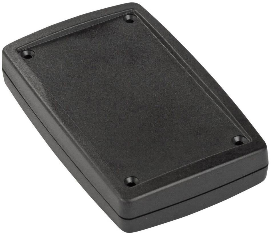 Un boîtier rectangulaire en plastique noir aux coins arrondis, présentant quatre trous de vis aux angles.
