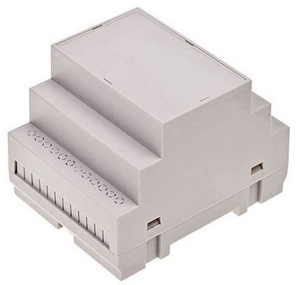 Un boîtier rectangulaire en plastique pour composants électroniques, avec des fentes de ventilation et des clips de montage sur la face inférieure.