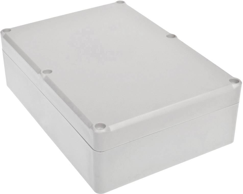 Boîtier rectangulaire en plastique gris aux coins arrondis, avec des trous de vis dans les angles.