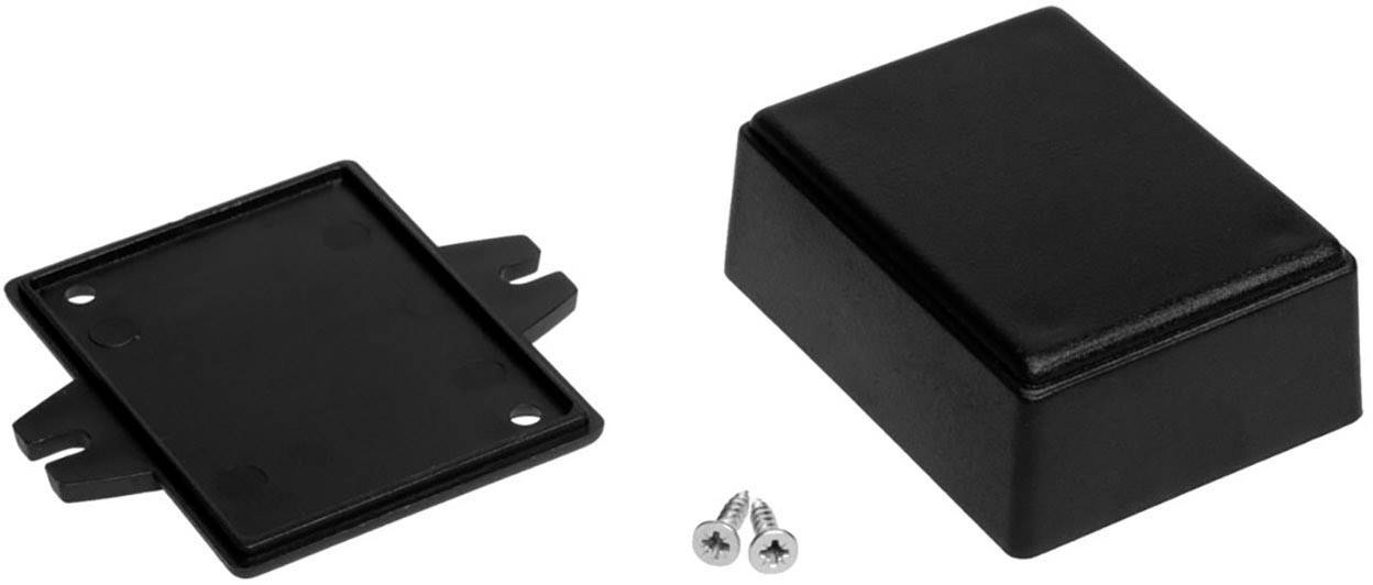 Boîtier en plastique noir avec couvercle amovible et deux vis correspondantes, adapté pour les composants électroniques.