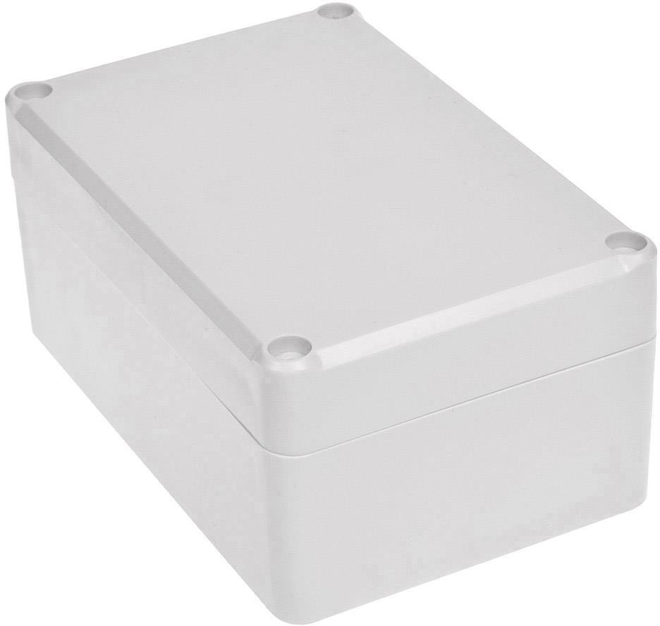 Boîtier en plastique gris, rectangulaire, avec des coins arrondis et des fermetures à vis aux angles.