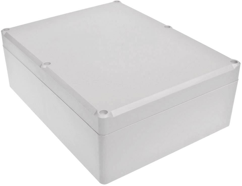 Un boîtier électronique rectangulaire gris aux coins arrondis, avec des vis de verrouillage situées aux coins du dessus.