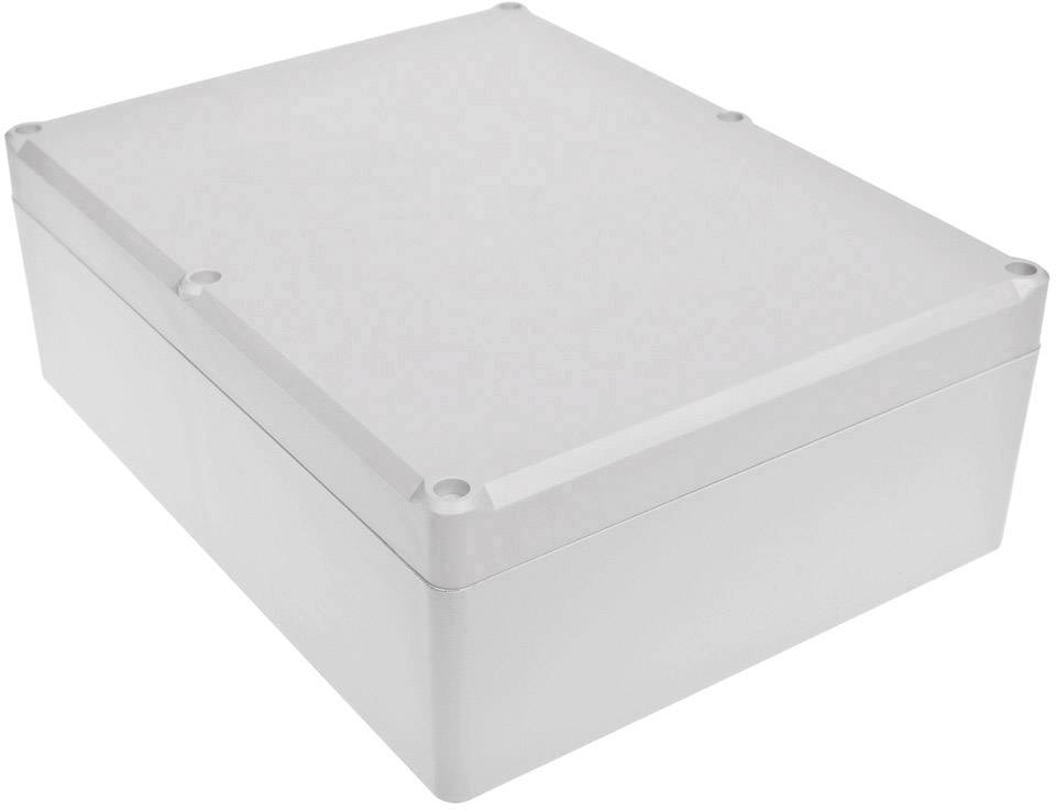 Un boîtier rectangulaire en plastique blanc avec des coins arrondis et quatre vis aux angles, utilisé pour le rangement de composants électroniques.