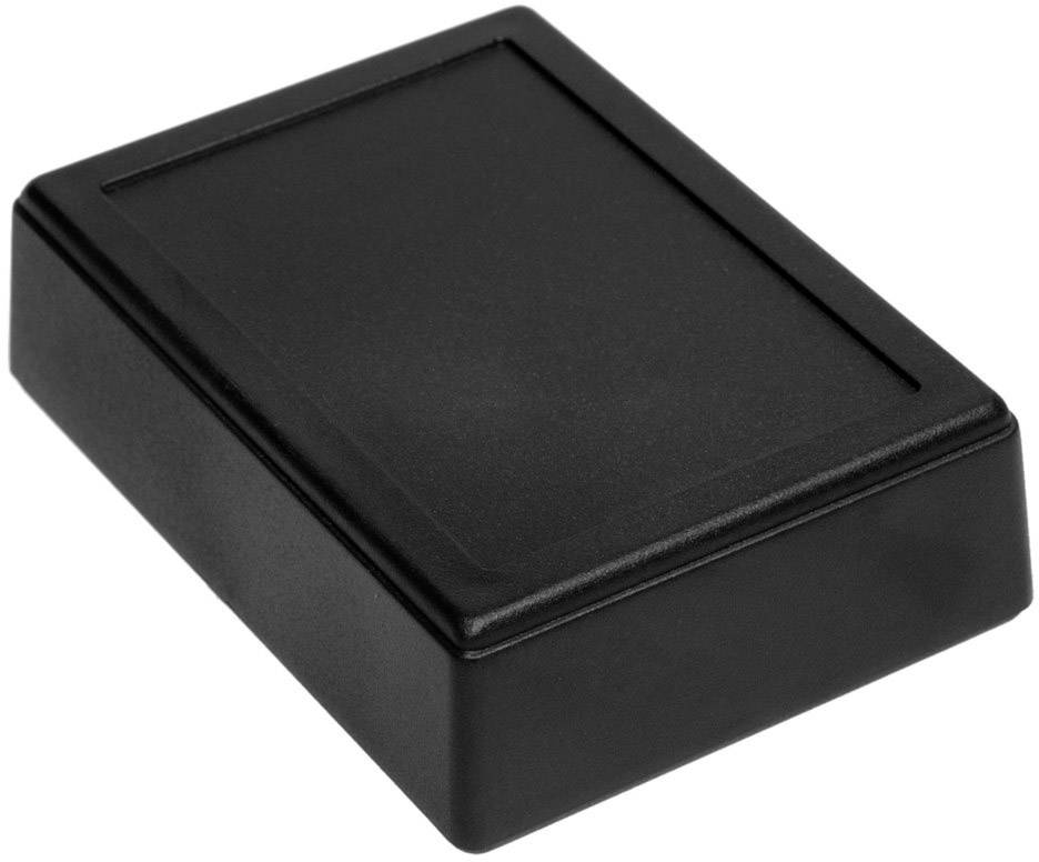 Boîtier en plastique noir, rectangulaire, plat et compact, adapté aux composants électroniques ou comme boîte de projet.