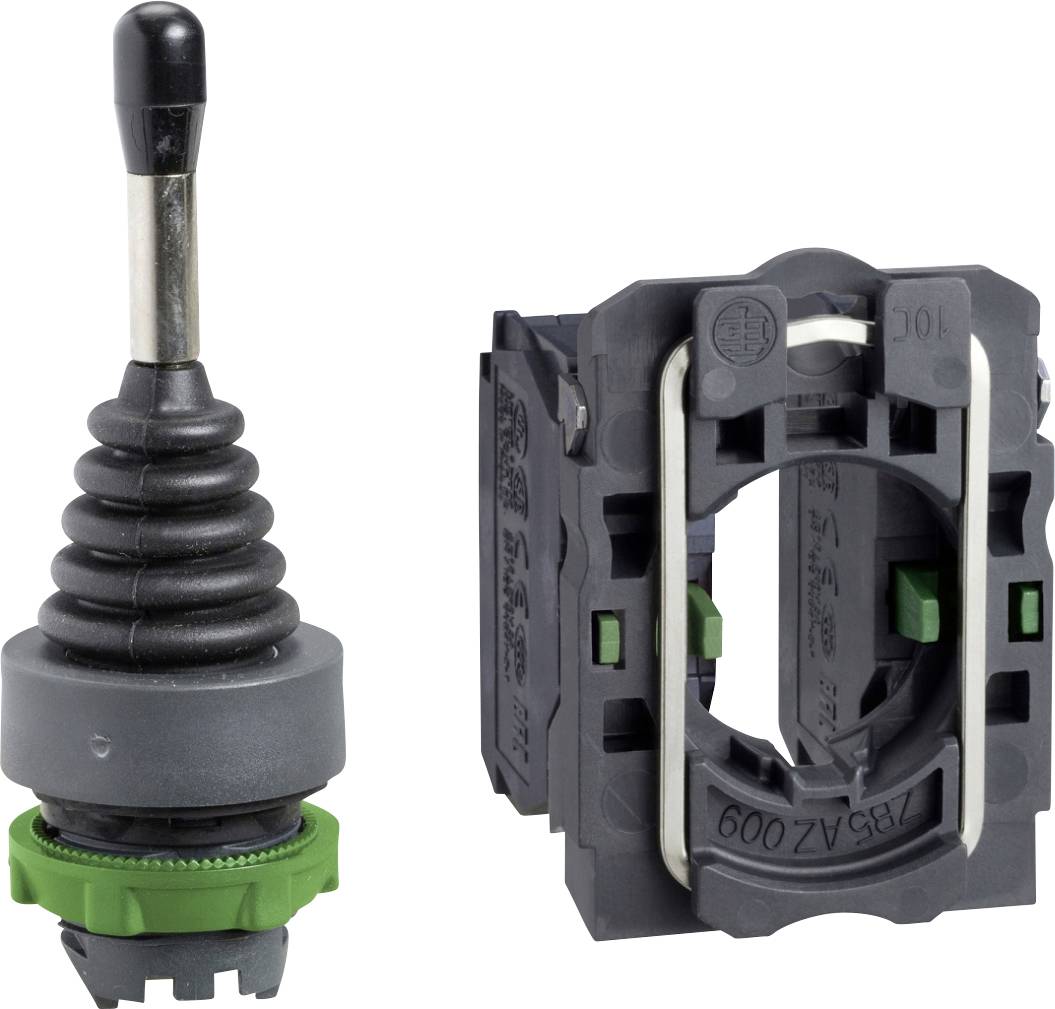 Commutateur de joystick industriel avec cache en caoutchouc et support de montage séparé sur fond blanc.