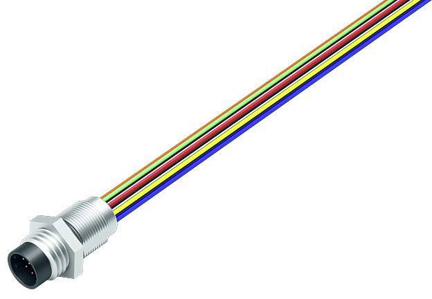 Un connecteur M8 avec quatre câbles de couleurs (rouge, vert, jaune, bleu) illustre la configuration et le codage couleur des lignes électriques.