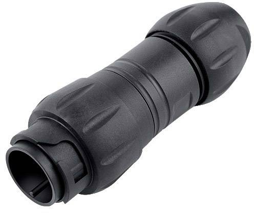 Connecteur en plastique noir avec design de poignée nervuré, disponible avec deux ouvertures pour raccordements de câbles.