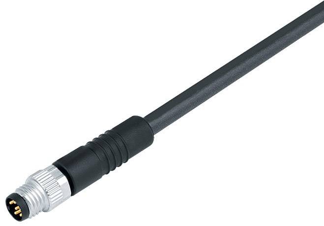 Câble noir avec connecteur métallique circulaire à une extrémité, adapté pour les branchements électroniques.