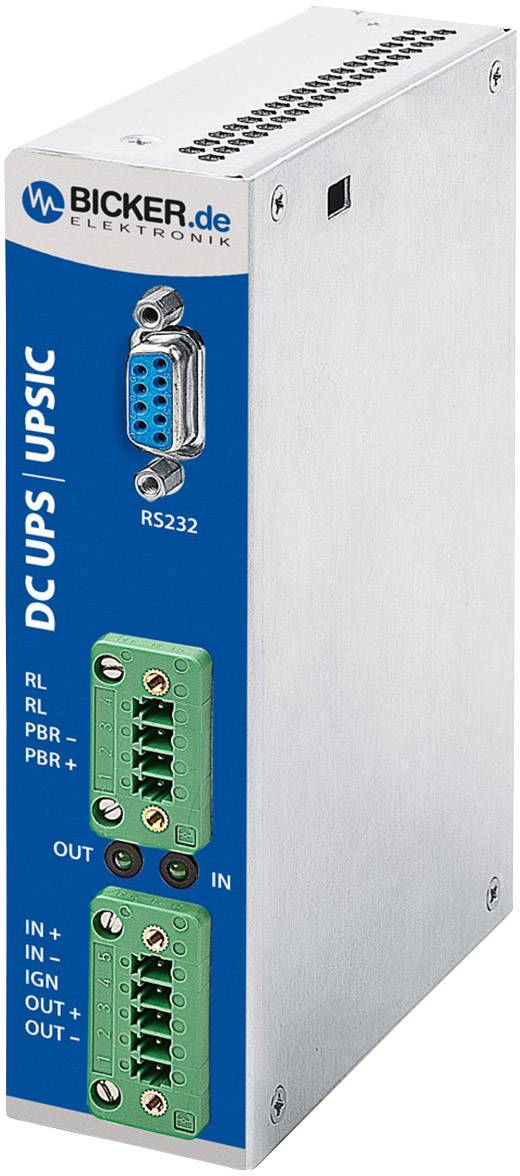 Unité d'alimentation sans coupure (USV) argentée de Bicker Elektronik avec port RS232 et bornes de connexion vertes IN/OUT.