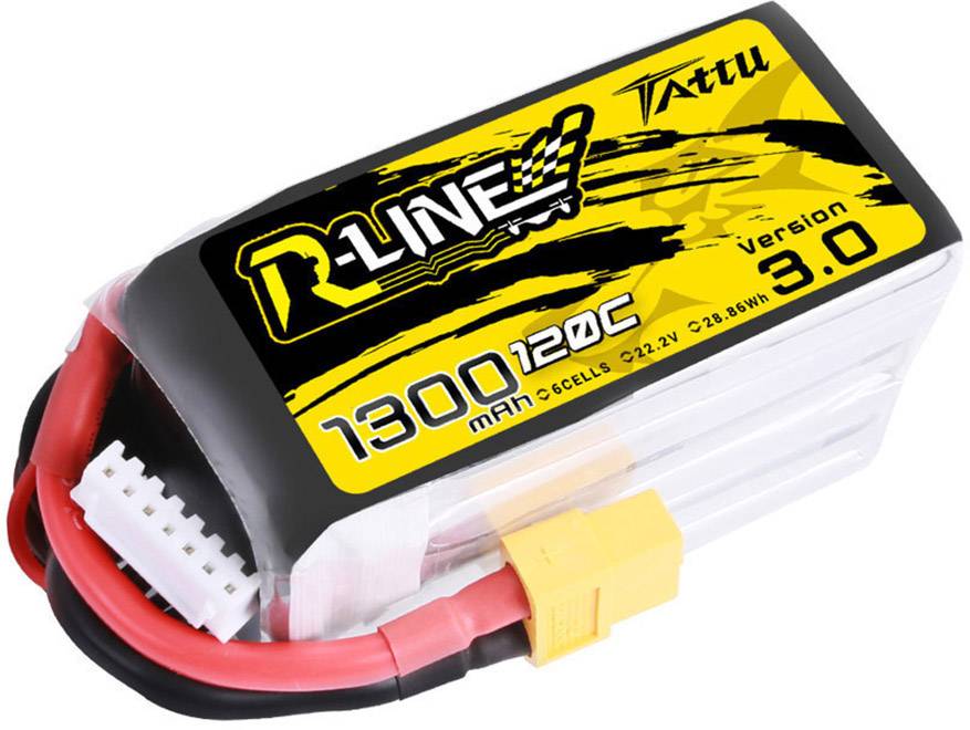 Batterie LiPo 'R-Line' de Tattu, version 3.0, 1300mAh, 120C, 5 éléments, 22,2V. La batterie dispose de câbles rouges et jaunes avec des connecteurs.
