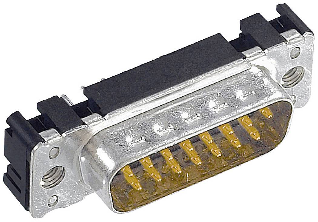 Un connecteur électronique jaune à boîtier métallique avec plusieurs broches, adapté aux connexions électriques dans les appareils ou les ordinateurs.