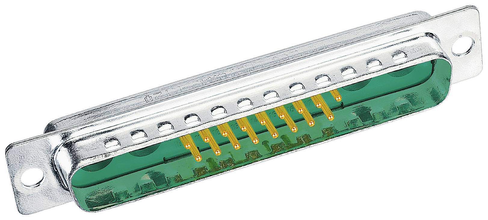 Un connecteur D-Sub vert avec des broches métalliques jaunes dans un boîtier métallique argenté.