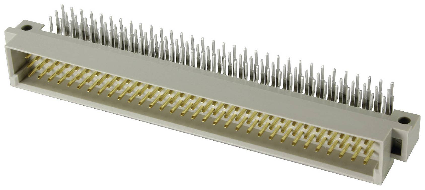 Un connecteur rectangulaire gris avec plusieurs rangées de broches dorées et des connexions argentées sur le dessus.