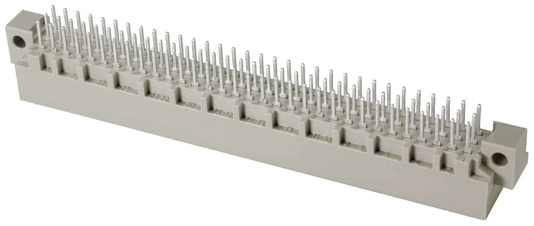 Un connecteur gris à deux rangées de broches métalliques, utilisé pour les connexions électroniques dans les appareils ou les circuits.